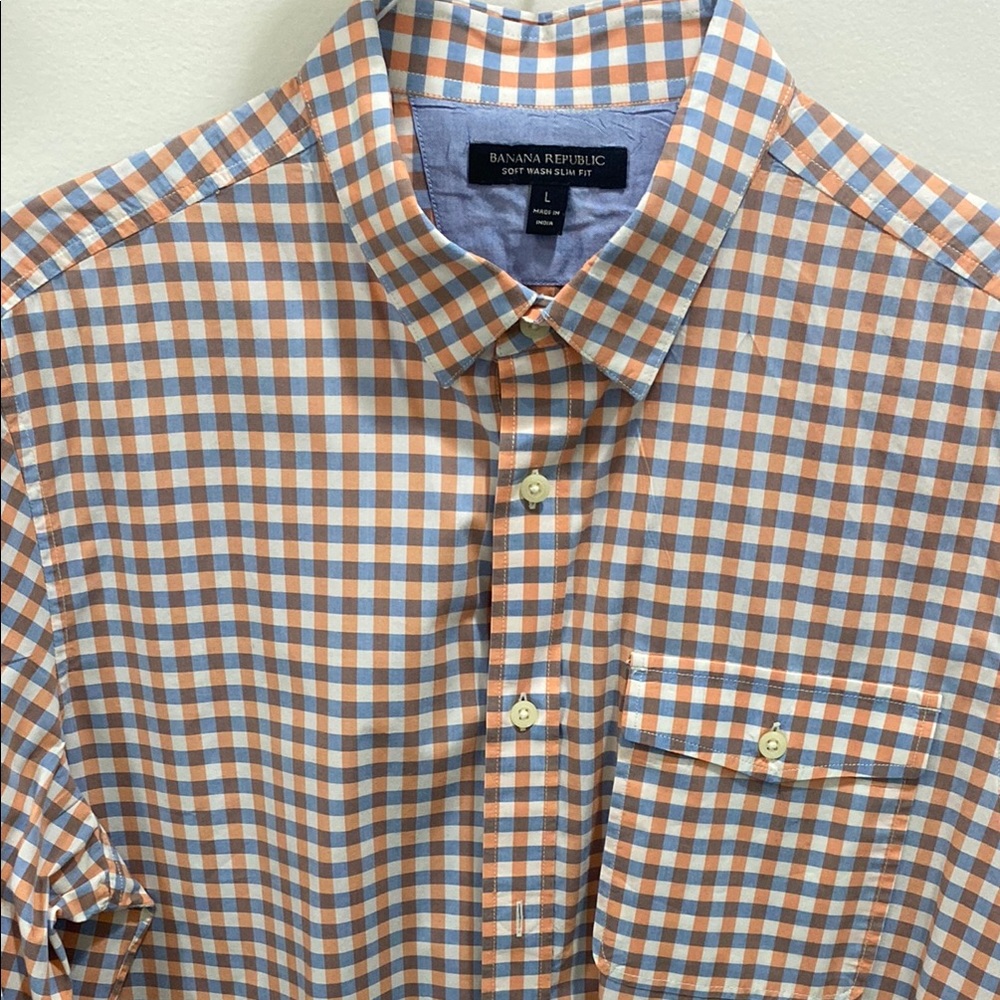 Banana Republic Men's Plaid Shirt - Blue and Orange. Size L
